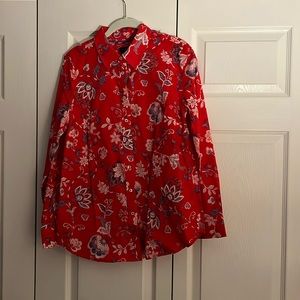 New Talbots size medium long sleeve cotton blouse. Red with assorted flowers.
